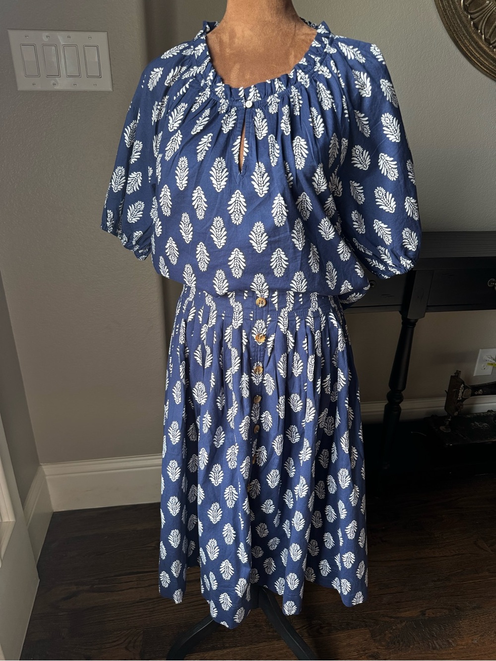 J.Crew 2PC Skirt Blouse Set Blue Botanical Print Cotton S